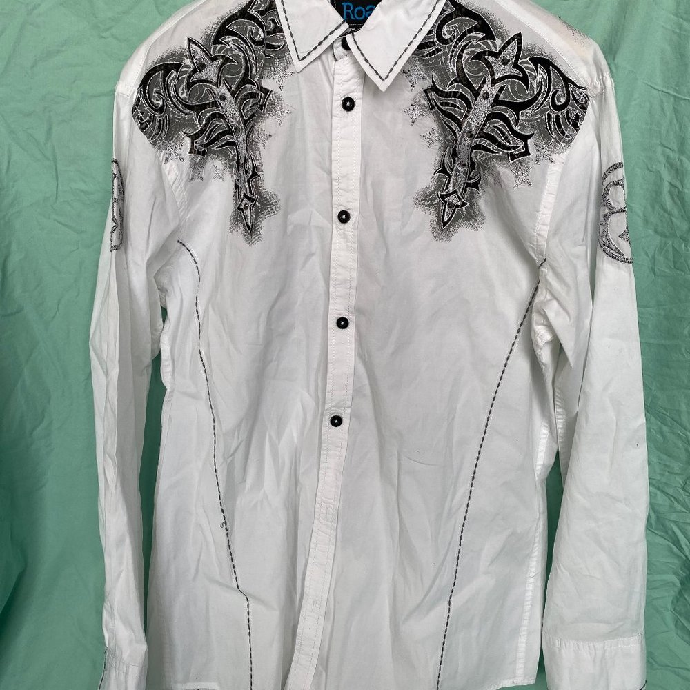Roar Signature Mens White Embroidered Shirt with Rhinestones - Bling!